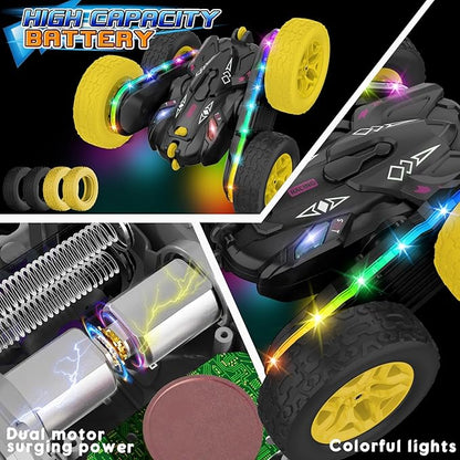 Remote Control CarRC Cars with Sides Light Strip and HeadlightsDouble Sided 360 Flips Rotating RC Stunt Car2.4Ghz All Terrain Toys for Ages 4-8 Kids Toy for Boys Birthday Gift(Black)