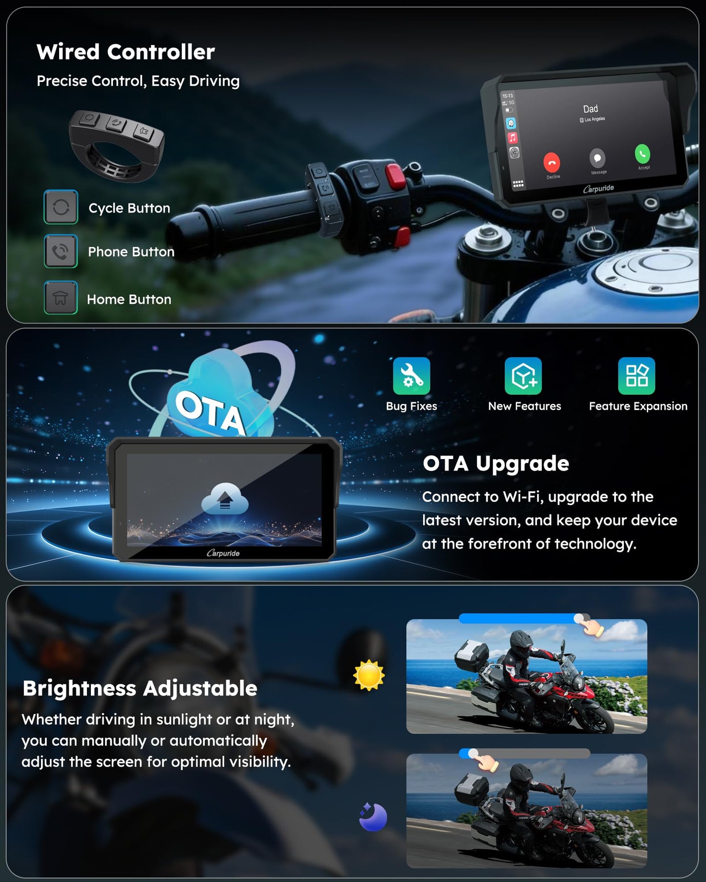Carpuride Motorcycle Carplay with Type-C Port & TPMS, 6.25" Wireless Car Play & Android Auto GPS Navigation Moto Screen with Wired Controller, IP67 Waterproof, OTA, Dual Bluetooth, Intercom,Play Music