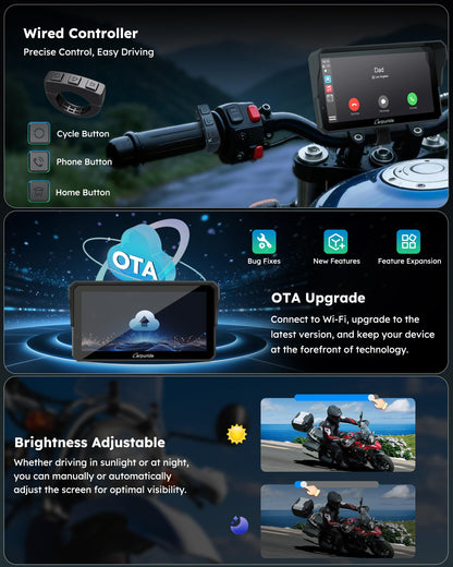 Carpuride Motorcycle Carplay with Type-C Port & TPMS, 6.25" Wireless Car Play & Android Auto GPS Navigation Moto Screen with Wired Controller, IP67 Waterproof, OTA, Dual Bluetooth, Intercom,Play Music