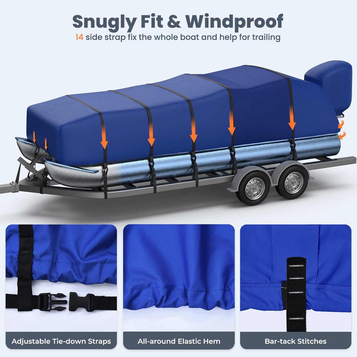 RVMasking Pontoon Boat Cover with Motor Cover, 1400D Heavy Duty Middle Reinforced, Marine Grade Waterproof Boat Cover for Length: 25'-28', Beam Width up to 102", Blue