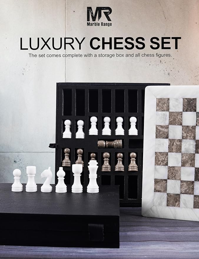 Marble Chess Set for Adults 12 Handmade White &amp Oceanic Board Game with 32 Chess Pieces 2 Extra Queens &amp Storage Box Luxury Travel Game Elegant for Home Decor