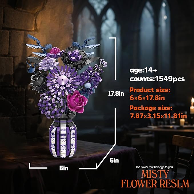Flowers Building Set Compatible with Lego Flowers Purple Bouquet Plant with Vase Botanical Collection for Adults &amp Women &amp Girl 14+