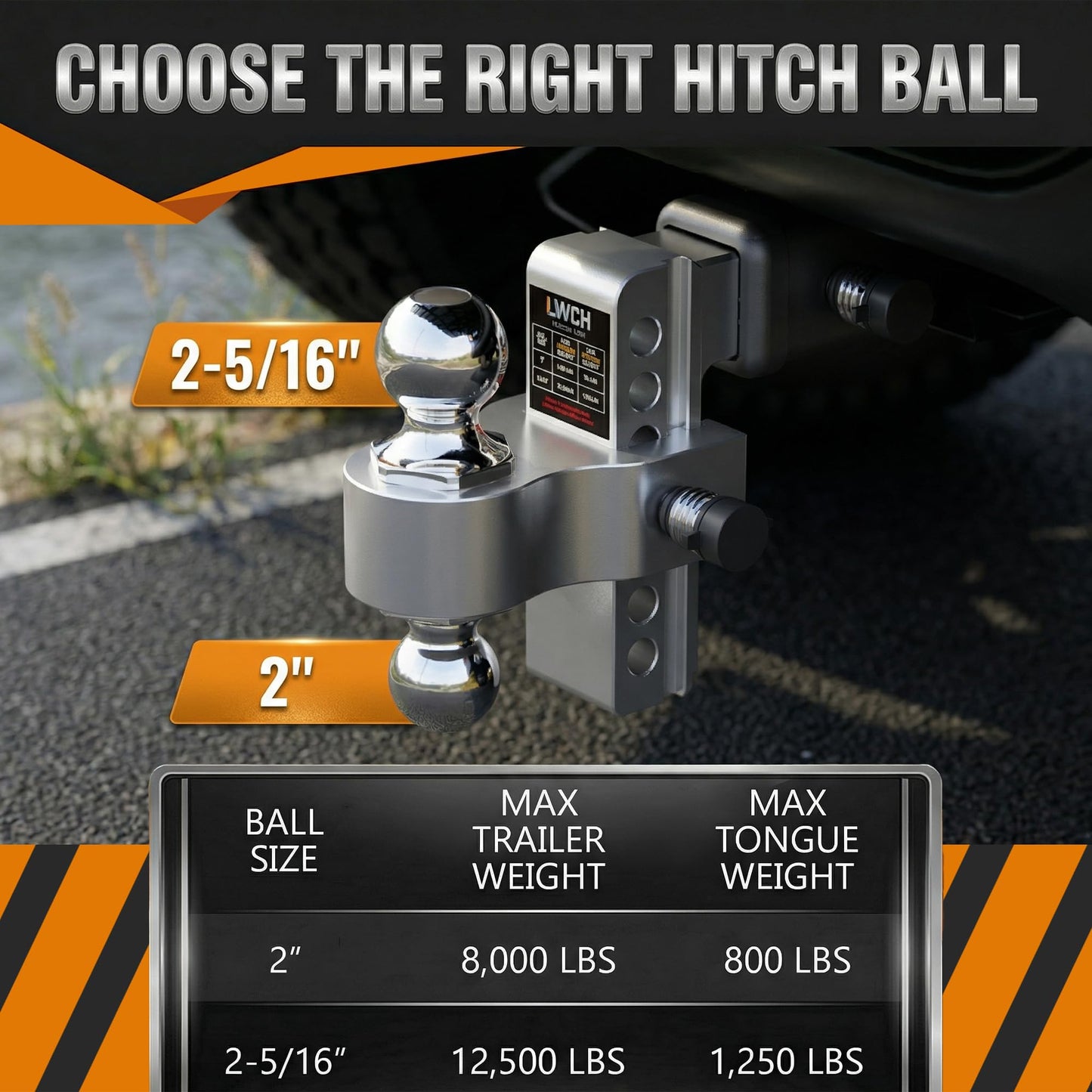 LWCH Adjustable Trailer Hitch, Fit 2 Inch Receiver, 12,500 LBS GTW, Heavy Duty Aluminium Drop Hitch with 2" & 2-5/16" Chrome Plated Steel Ball Mounts for Trucks, 6 Inch Drop/Rise, 2 Anti-Theft Pins