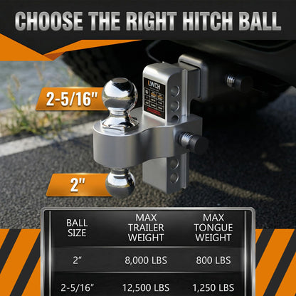 LWCH Adjustable Trailer Hitch, Fit 2 Inch Receiver, 12,500 LBS GTW, Heavy Duty Aluminium Drop Hitch with 2" & 2-5/16" Chrome Plated Steel Ball Mounts for Trucks, 6 Inch Drop/Rise, 2 Anti-Theft Pins