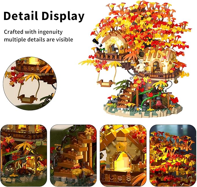 Cherry Blossom Bonsai Tree House Building Blocks Set with Acrylic Display Box Plants Flowers Treehouse Architecture Micro Mini Block Kits Gift for Adults（2725 Pieces