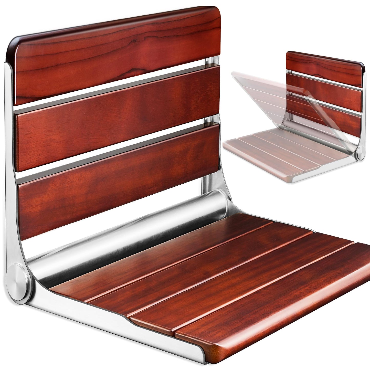 18.4" Folding Teak Shower Seat Wall Mounted – Fold Down Shower Chair, Solid Teak Wood Shower Bench with 304 Stainless Steel Frame, Wall Mount Shower Seat for Senior, Disabled, Bathroom, 400lb Capacity