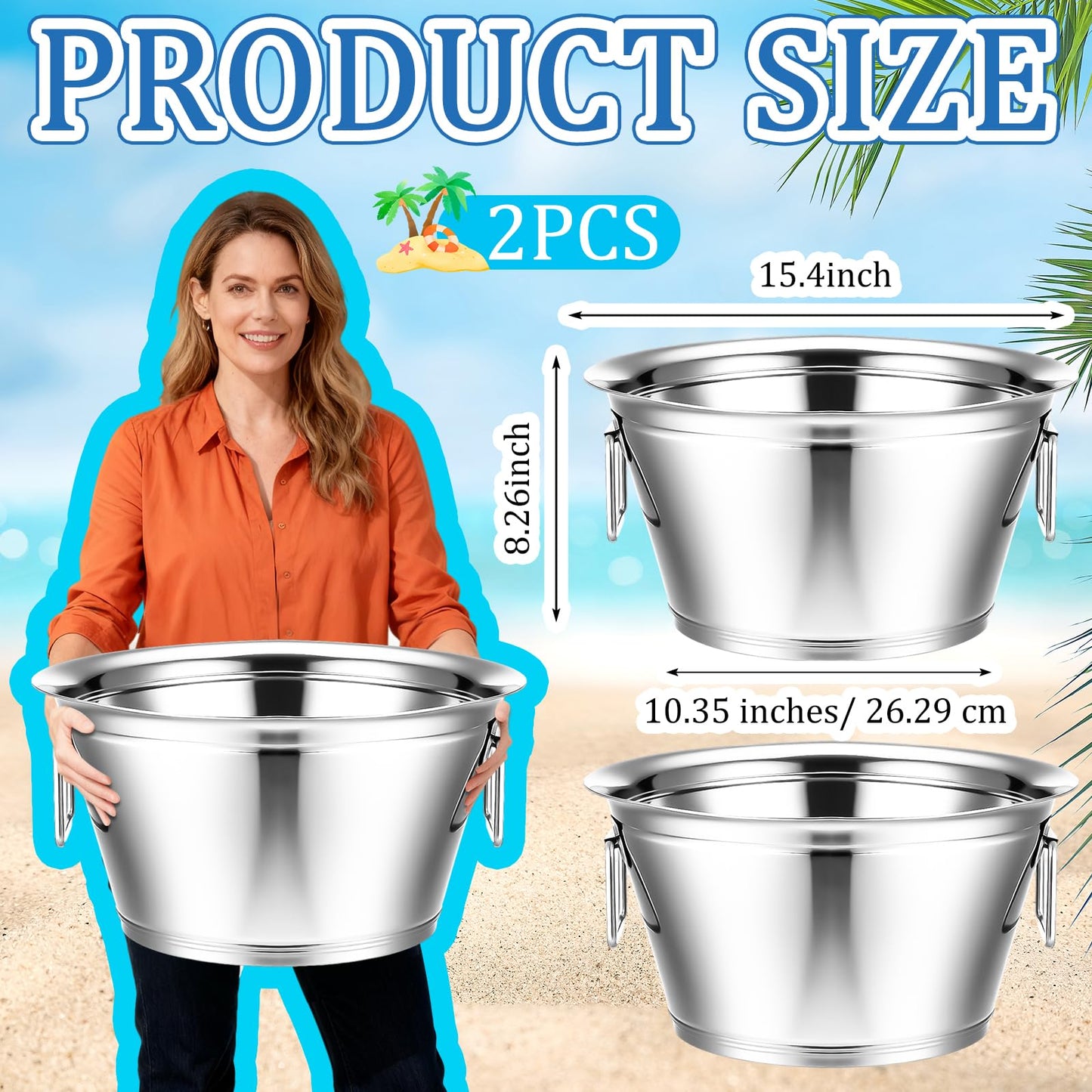 Maxdot 2 Pcs Stainless Steel Beverage Tub Large Champagne Buckets 20-Quart 5-Gallon Insulated Ice Bucket for Parties with Double Hinged Handle Heavy Duty Drink Cooler Tub Wine Beer Chiller for Party