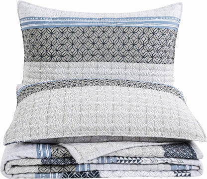 HOMBYS Stripe Oversized King Quilt Sets 128"x120", 3 Pieces Bedspread Set White and Light Blue Patchwork Coverlet, Soft and Lightweight Quilted Bedding Set for All Season-1 Quilt & 2 Pillow Shams