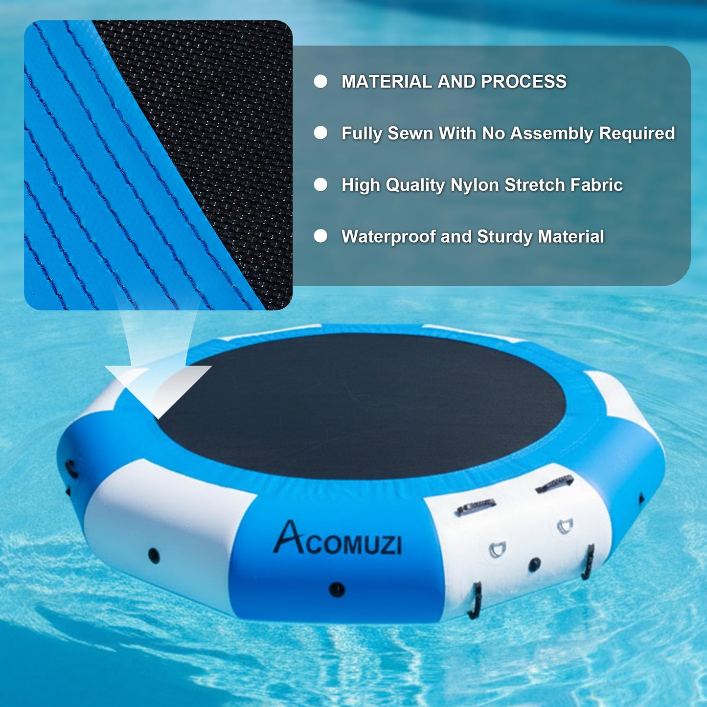 ACOMUZI Inflatable Water Trampoline for Lake Pool Ocean, 10FT/12FT/15FT Heavy Duty Floating Bounce Swim Platform with Ladder & Ropes, Inflatable Floating Dock for Family (NO Pump)