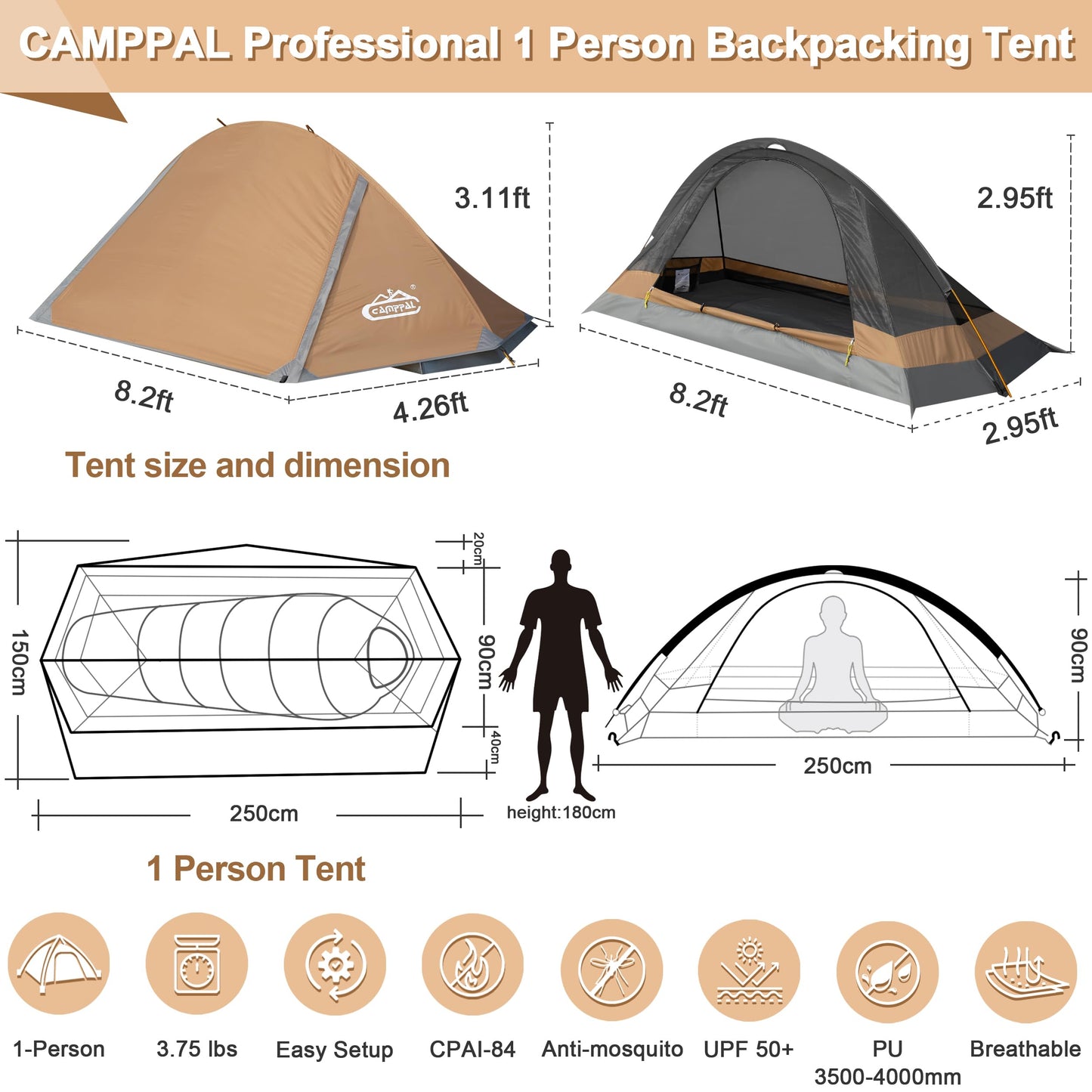 camppal 1 Person Tent for Camping Hiking Mountain Hunting Backpacking Tents 4 Season Resistance to Windproof Rainproof and Waterproof