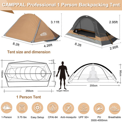 camppal 1 Person Tent for Camping Hiking Mountain Hunting Backpacking Tents 4 Season Resistance to Windproof Rainproof and Waterproof