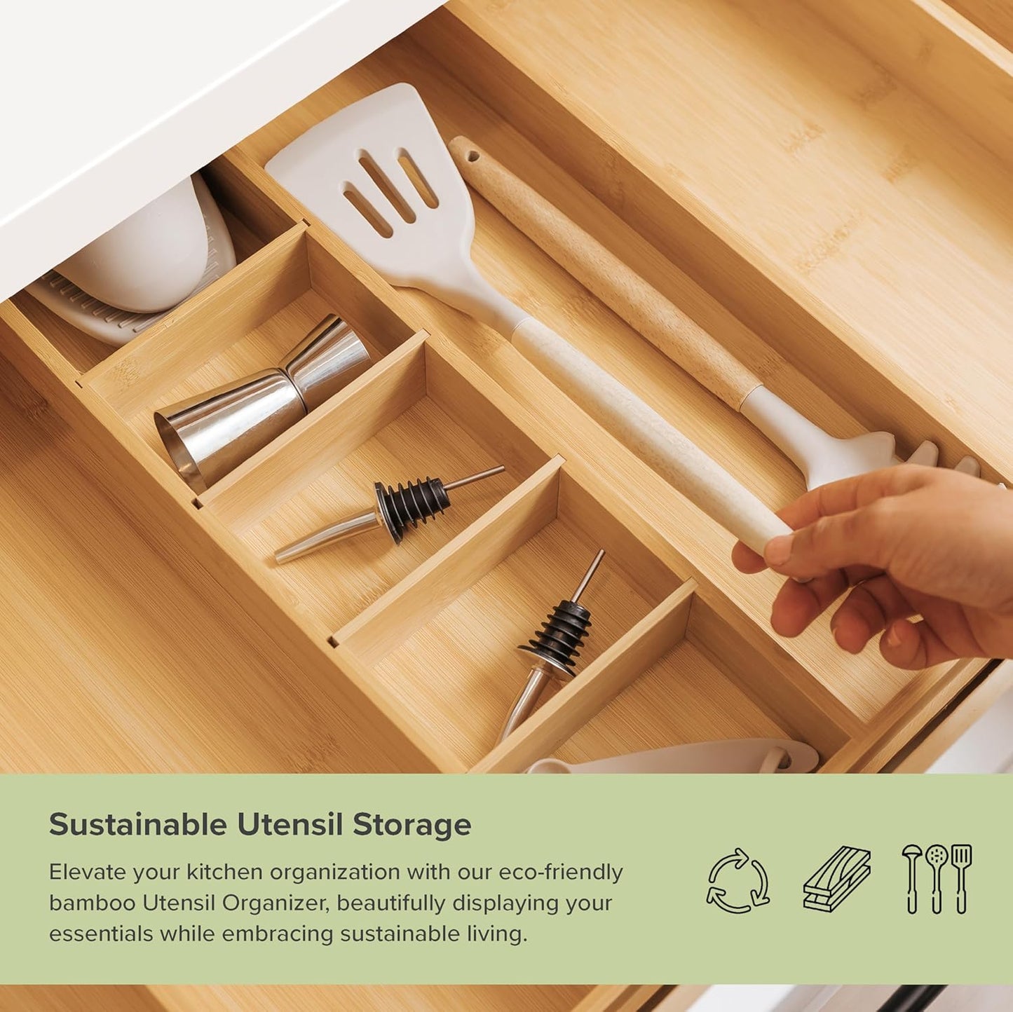 KitchenEdge Adjustable Bamboo Drawer Organizer - Expandable Utensil Storage with 9 Compartments, 28 Inches Wide
