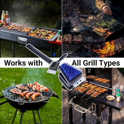 Skiennix Nylon Grill Brush - Safe Bristle-Free BBQ Cleaner Kit | 3-Piece Outdoor Grill Scraper Set