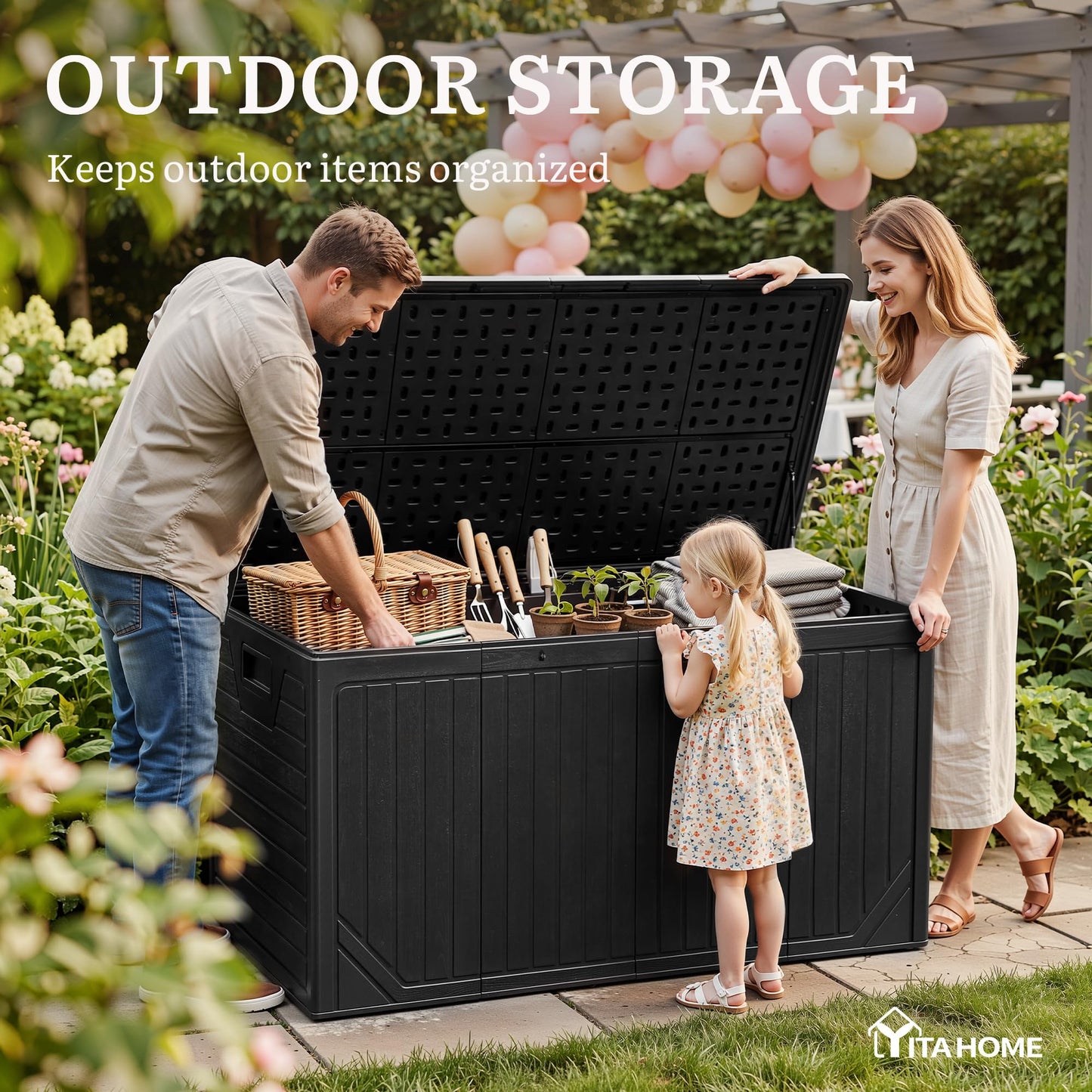 YITAHOME XXL 300 Gallon Extra Large Outdoor Deck Box, Lockable Resin Double-Wall Storage Box and Waterproof Patio Furniture Bin for Garden Tools & Pool Accessories, Black