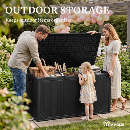 YITAHOME XXL 300 Gallon Extra Large Outdoor Deck Box, Lockable Resin Double-Wall Storage Box and Waterproof Patio Furniture Bin for Garden Tools & Pool Accessories, Black