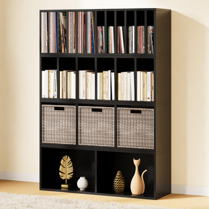 IOTXY DIY Modular Cube Bookcase - CubeXY Customizable Stackable Expandable Combination Set, 23-Cube Open Bookshelf for Books, Fabric Storage Bin, and 7/10-inch Vinyl Record Organizer, Black