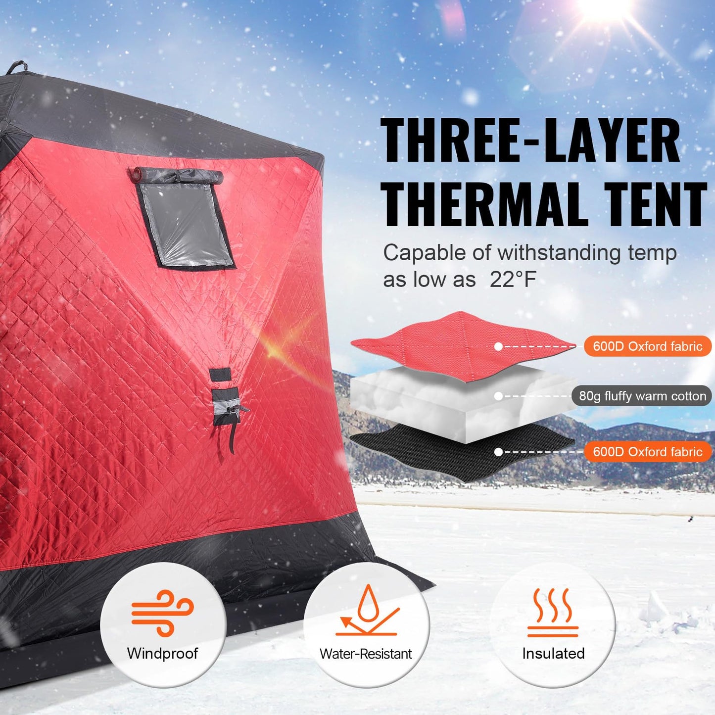 VEVOR Pop Up Ice Fishing Tent, 4-6 Person Large Insulated Shelter, 87x79x78 50sq ft Fishing Area, Portable Hub-Style Shanty for Winter, Ice Cube with Anchors, Ropes, Carrying Bag