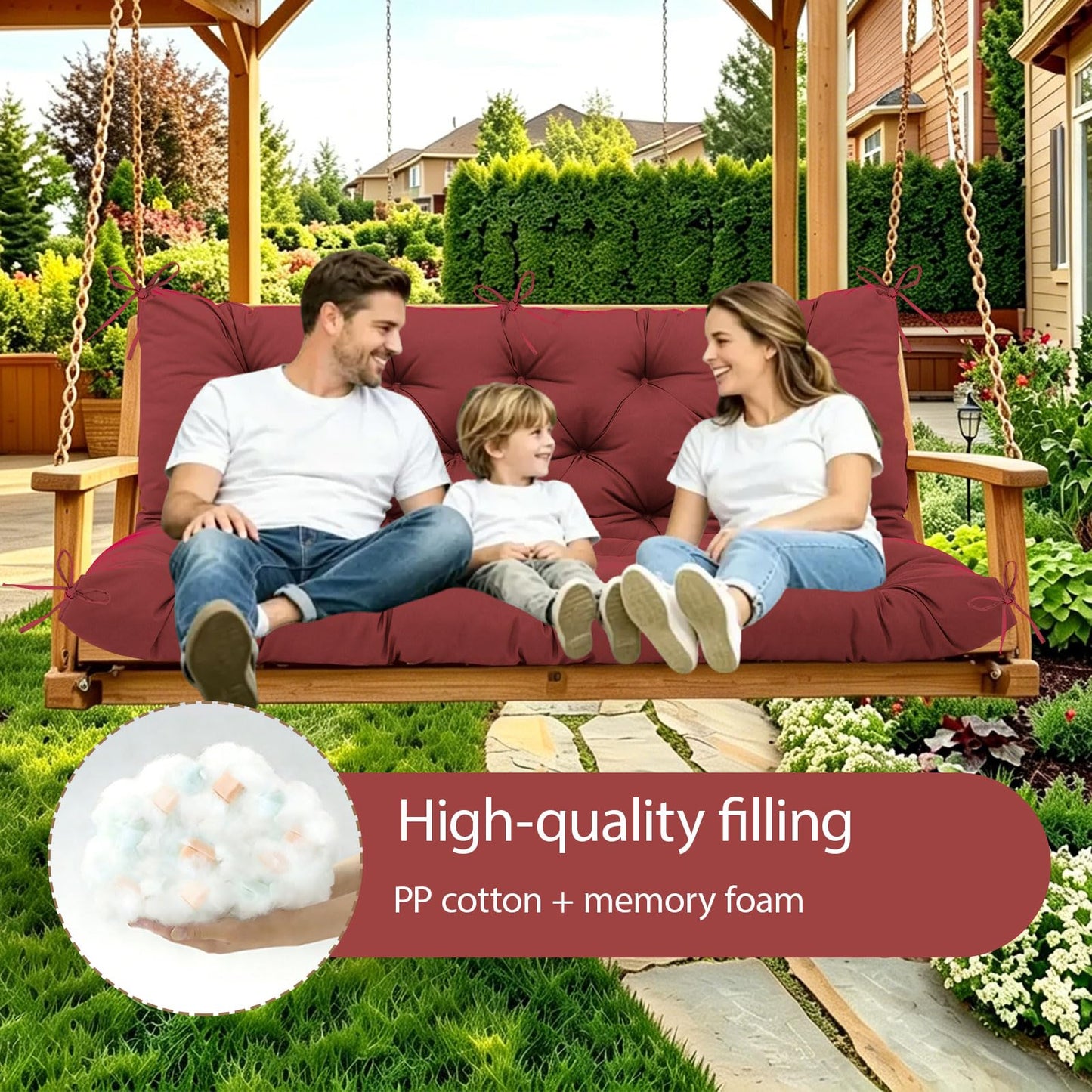KGOSAUO Durable Extra 5" Thick Waterproof Porch Swing Cushions Outdoor 60 inch Fade-Resistant Swing Bench Cushions 3 Seater Replacement with Backrest for Outdoor Patio Backyard Furniture(Wine Red)