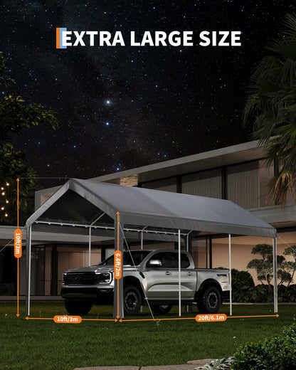 10x20 Ft Heavy Duty Carport, Gray - All-Season Waterproof UV-Resistant Canopy, Portable Garage Boat Shelter Party Tent for SUV, Truck, Outdoor Events