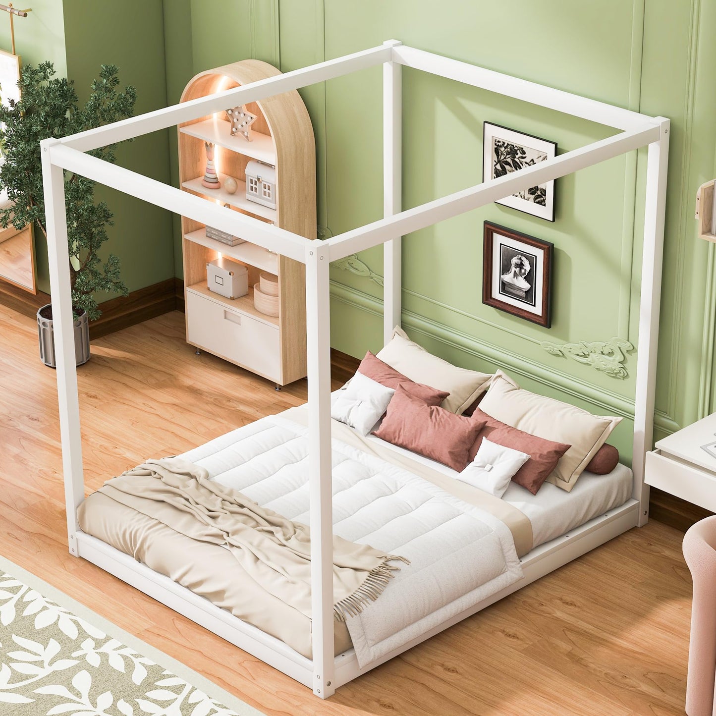 Merax Wooden Canopy Platform Bed Frame Queen Size Floor Bed/Mattress Foundation with Slat Support White