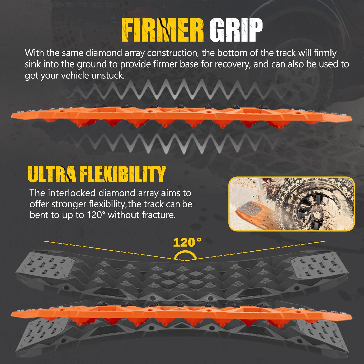 BUNKER INDUST Offroad Traction Board with Jack Base,Pair 47.24"L x 14"W Recovery Track Tire Traction Mat -Orange Sand,Mud,Snow Ramps (Replaceable Dual Colors Teeth/Rugged Steel Plate) Gen 11th