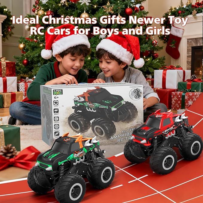 Amphibious Remote Control Car Monster Truck Toys - 1:16 All Terrain RC Trucks High Speed RC Cars with Crashworthy BodyOff- Road Electric Vehicle Kid Toys for Boys and GirlsAge 6+Red