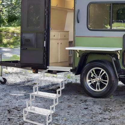 KodMtiz Aluminum Scissor Stairs, 3 Steps Outdoor RV Step Ladder, 18" Wide Camper Stair Ladder with Anti-Slip Surface, Portable Stairs for Travel Trailer, Silver