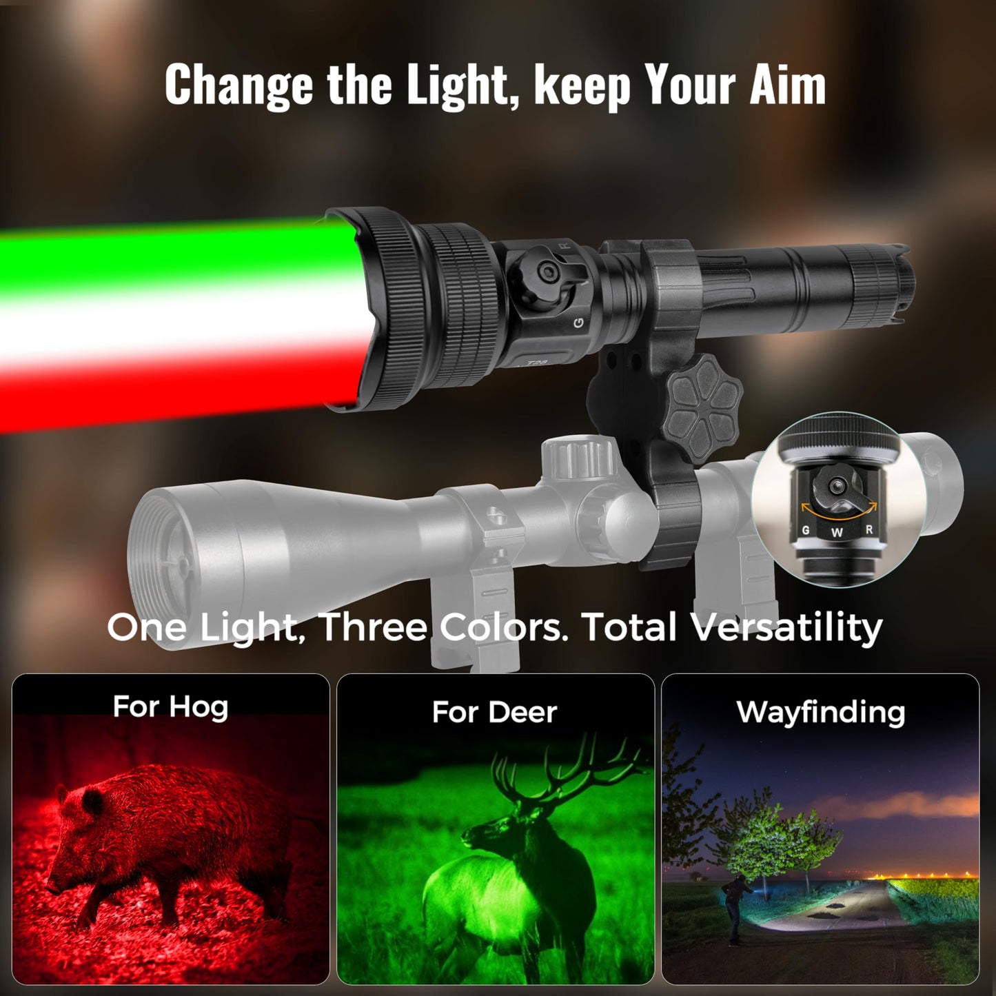 Brinyte T28 LED Zoomable Hunting Light, 3 Color in 1(Red, Green, White) Rechargeable Predator Flashlight with Pressure Switch Mount, IP66 Waterproof Coyote Light for Hogs Coon Varmint Hunting