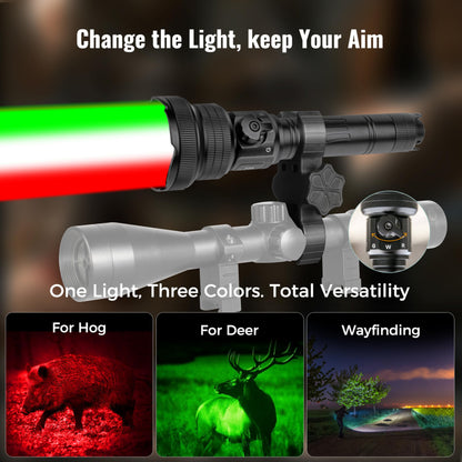 Brinyte T28 LED Zoomable Hunting Light, 3 Color in 1(Red, Green, White) Rechargeable Predator Flashlight with Pressure Switch Mount, IP66 Waterproof Coyote Light for Hogs Coon Varmint Hunting