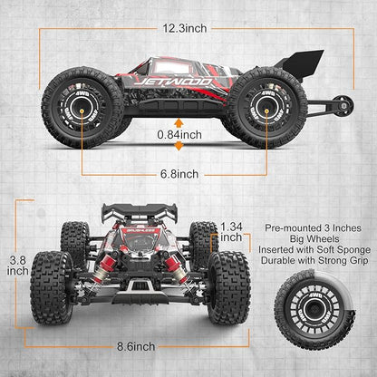 Jetwood 1:16 Fast RC Car Brushless 42MPH Remote Control Car for Adults - High Speed 4WD RTR RC Truck with 2 LiPo Batteries &amp DIY Body JC16EP Red