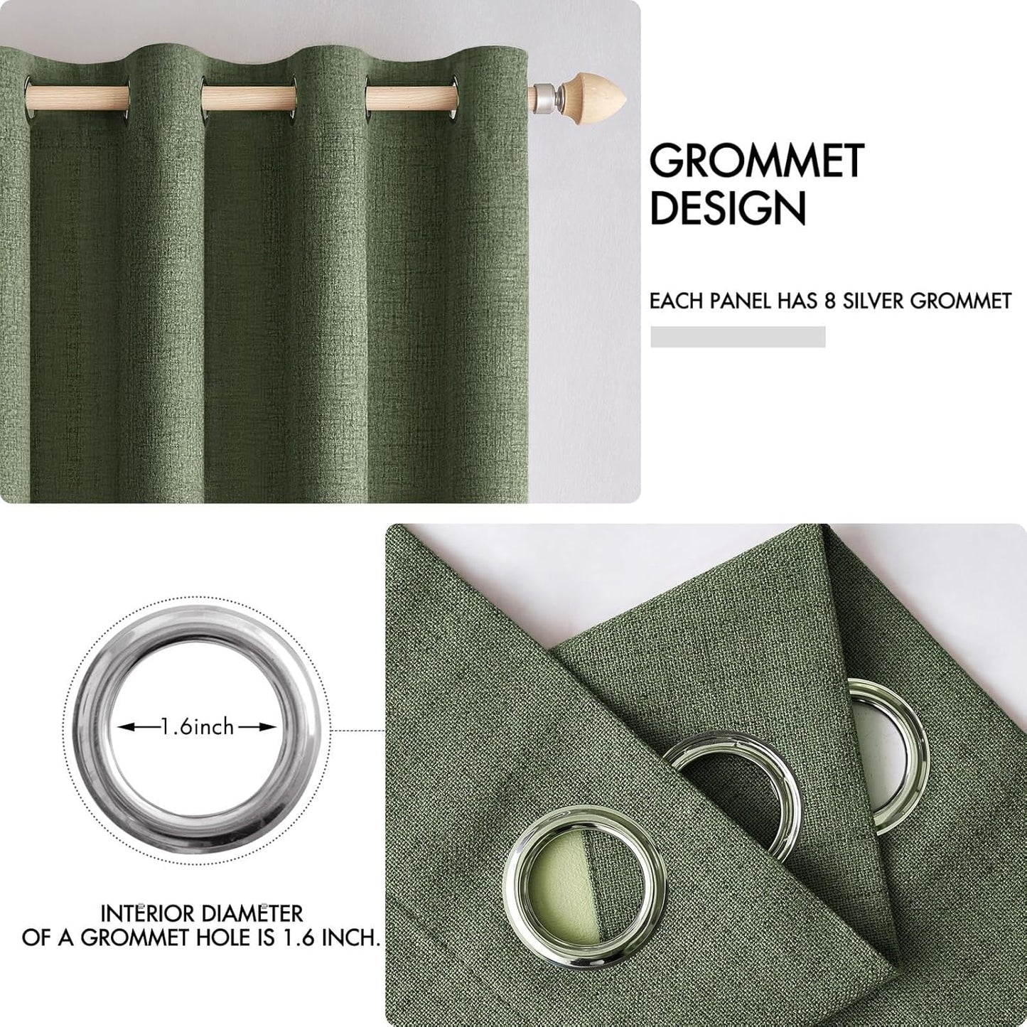 MIULEE 100% Blackout Linen Textured Curtains - Olive Green Thermal Insulated Drapes | 52 x 108 Inch (2 Panels)