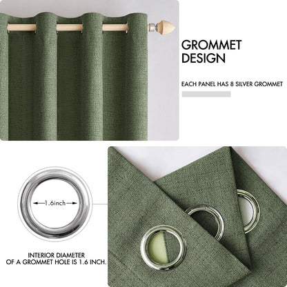 MIULEE 100% Blackout Linen Textured Curtains - Olive Green Thermal Insulated Drapes | 52 x 108 Inch (2 Panels)