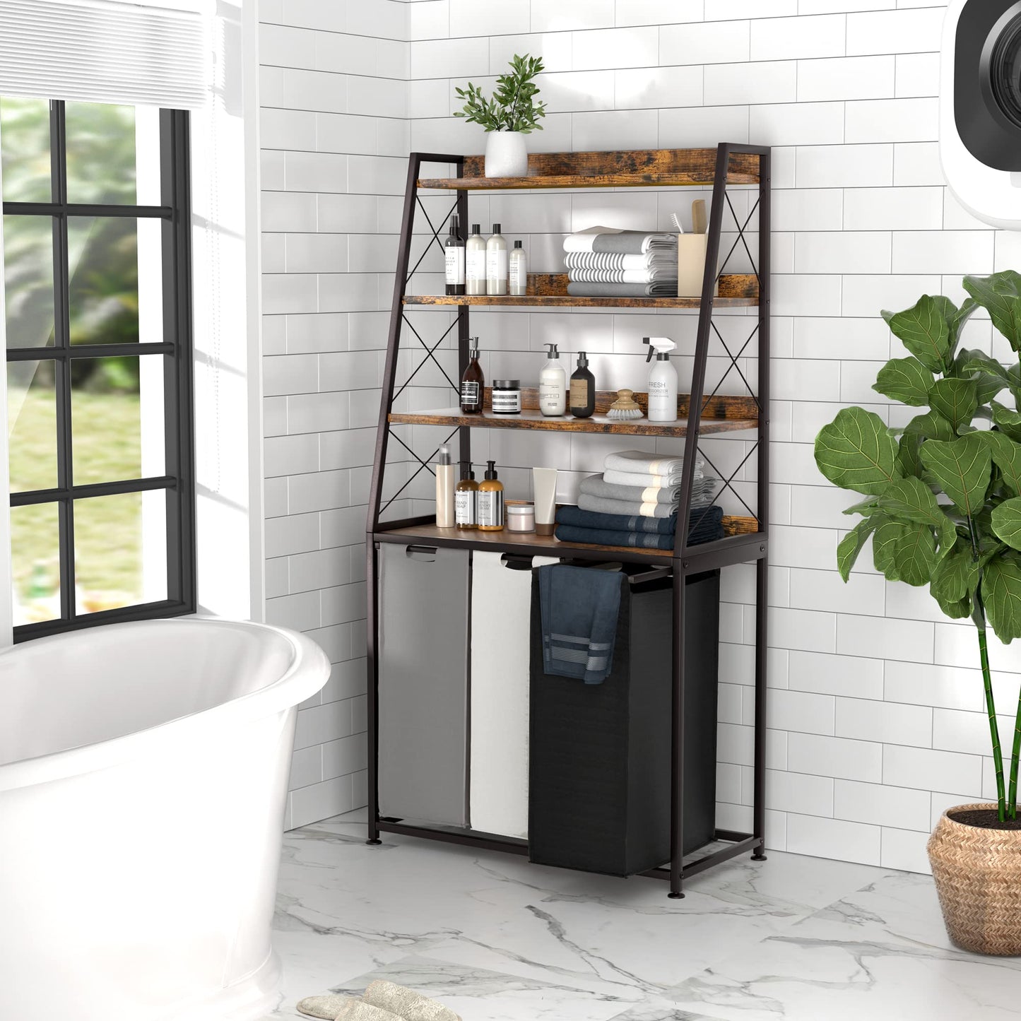 Herture Laundry Basket, 3 Section Laundry Hamper with 4 Tiers Shelf, Pull-Out and Removable Laundry Bags, Large 3 x 15.87 Gallons, for Laundry Room Bathroom Rustic Brown PF05XLN