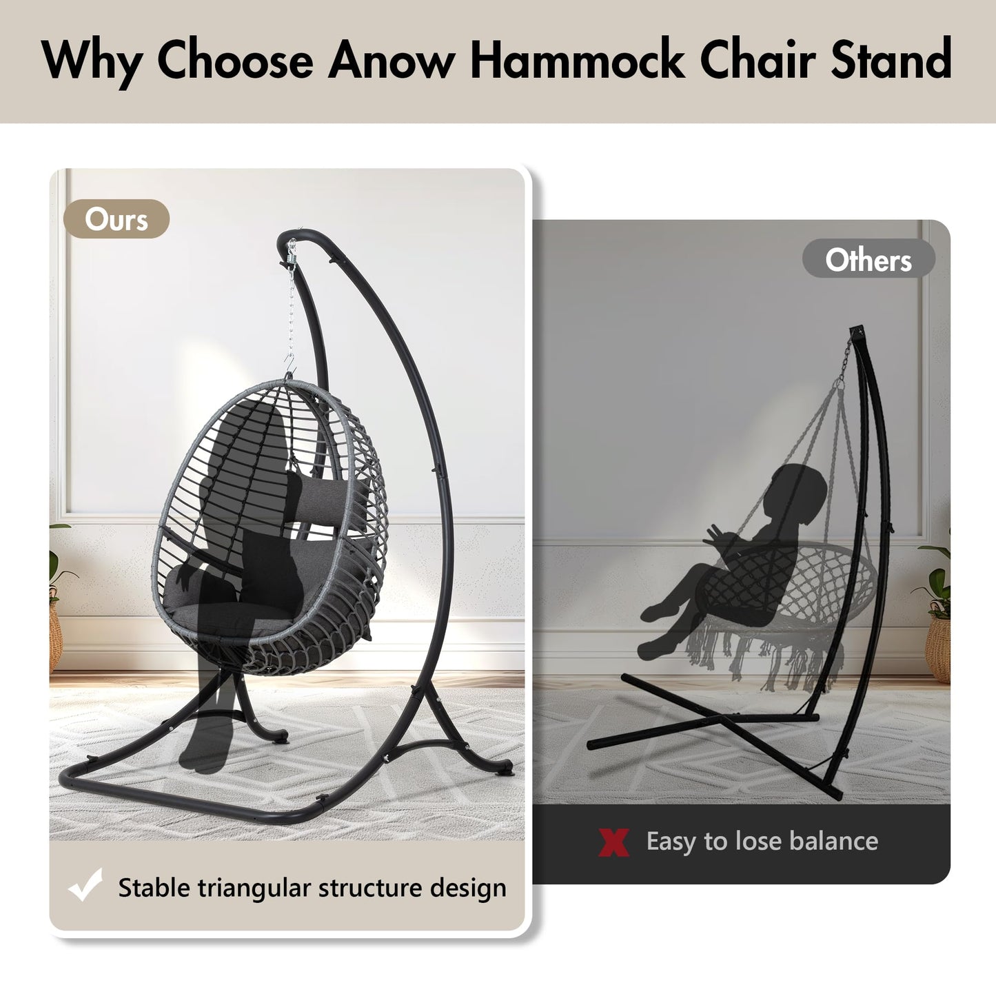 ANOW Heavy Duty Hammock Chair Swing Stand Only, Hanging Chair Stand for Outside, Max 400 Lbs, Black