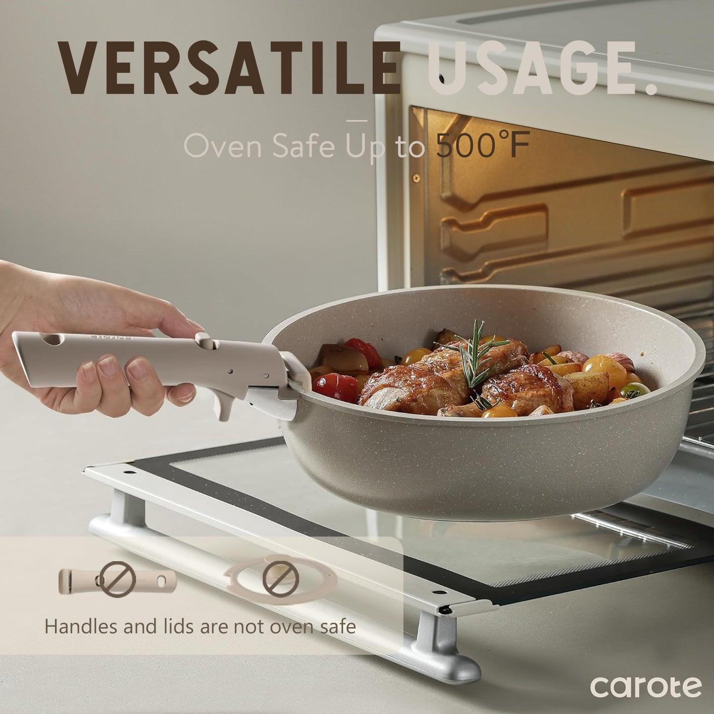 CAROTE 19pcs Pots and Pans Set Non Stick, Nonstick Cookware Set Detachable Handle, Induction Kitchen Cooking Sets with Removable Handle, RV Kitchen, Oven Safe, Taupe