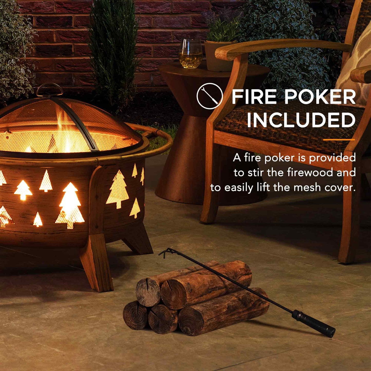 Sunjoy Fire Pit 30 in. Outdoor Wood-Burning Fire Pit, Patio Tree Motif Round Steel Firepit Large Fire Pits for Outside with Spark Screen and Poker