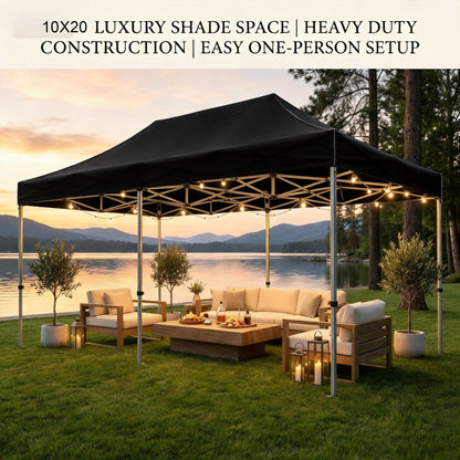 10X20FT Pop Up Canopy Tent, Beach Tent with One Push Setup, Sun Shelter with Slant Legs & Carrying Bag, Waterproof & UV Protected, Outdoor Canopy for Commercial Events, Camping, Backyard Party, Black