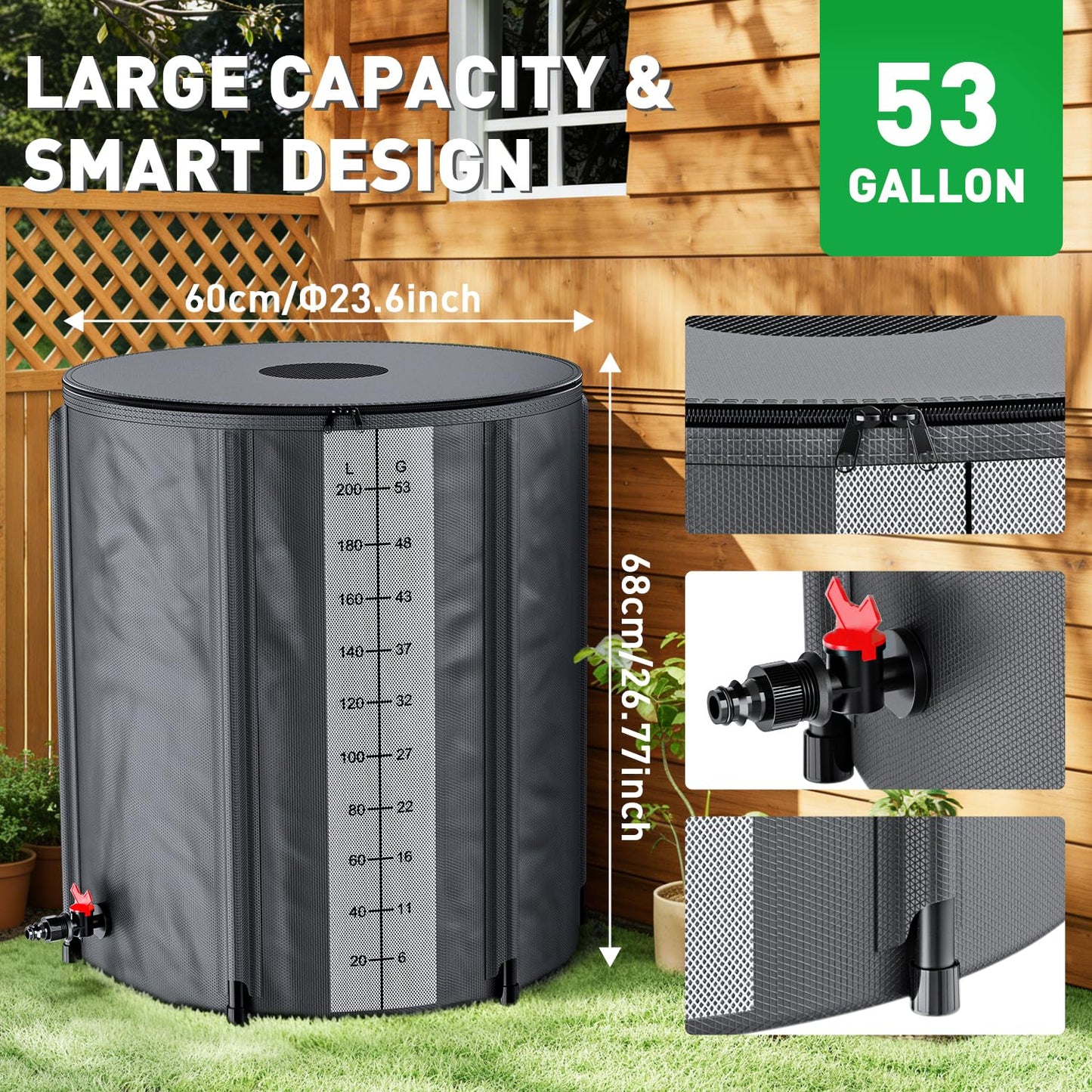 Yesker Collapsible Rain Barrel, 132 Gallon Portable Rainwater Collection System, 550D PVC Water Storage Tank, Rain Catcher with Spigots Filter Overflow Kit, Grey