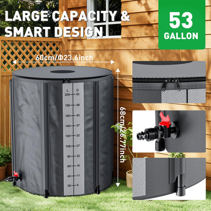 Yesker Collapsible Rain Barrel, 132 Gallon Portable Rainwater Collection System, 550D PVC Water Storage Tank, Rain Catcher with Spigots Filter Overflow Kit, Grey