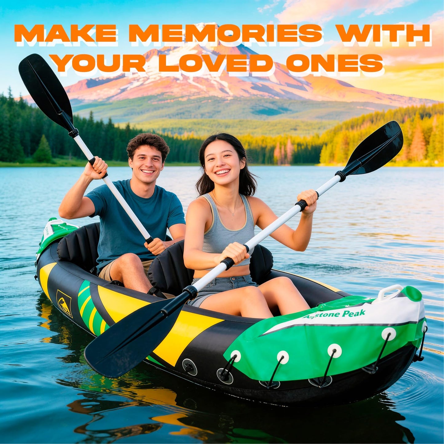 Keystone Peak Inflatable Kayak 2 Person with Detachable Sun Canopy – Heavy-Duty Tandem Kayak for Adults – Reinforced Paddles, Waterproof Phone Bags, Adjustable Seats, Extra Seat for Dog or Child
