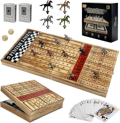 Large 23 inches Horse Racing Board Game with 11 Luxury Metal Horses Foldable Wood Horse Race Board Game with 2 Sets of Dice 2 Boxes of Cards for Parties and Gambling