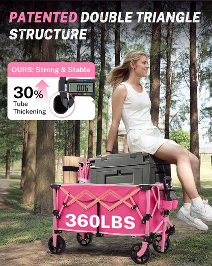 Gonex 38''L Collapsible Foldable Wagon Cart with 360lbs Weight Capacity,220L Folding Utility Garden Cart with Detachable Wheels for Grocery Sports Shopping Camping - Pink