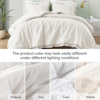 Comfort Spaces Ivory King Duvet Cover Set - 3 Pieces Ruffle Diamond Quilted Duvet Cover, All Season Lightweight, Cotton-Like Softness Pre-Washed Microfiber King Bedding Cover & Shams, King