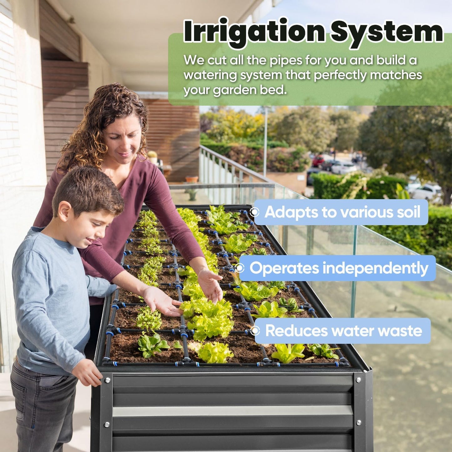KING BIRD Raised Garden Bed with Irrigation System and Legs Galvanized Elevated Planter Box for Backyard, Patio, Balcony, 600lb Capacity, Dark Grey, 70.9x22.8x31.5 in