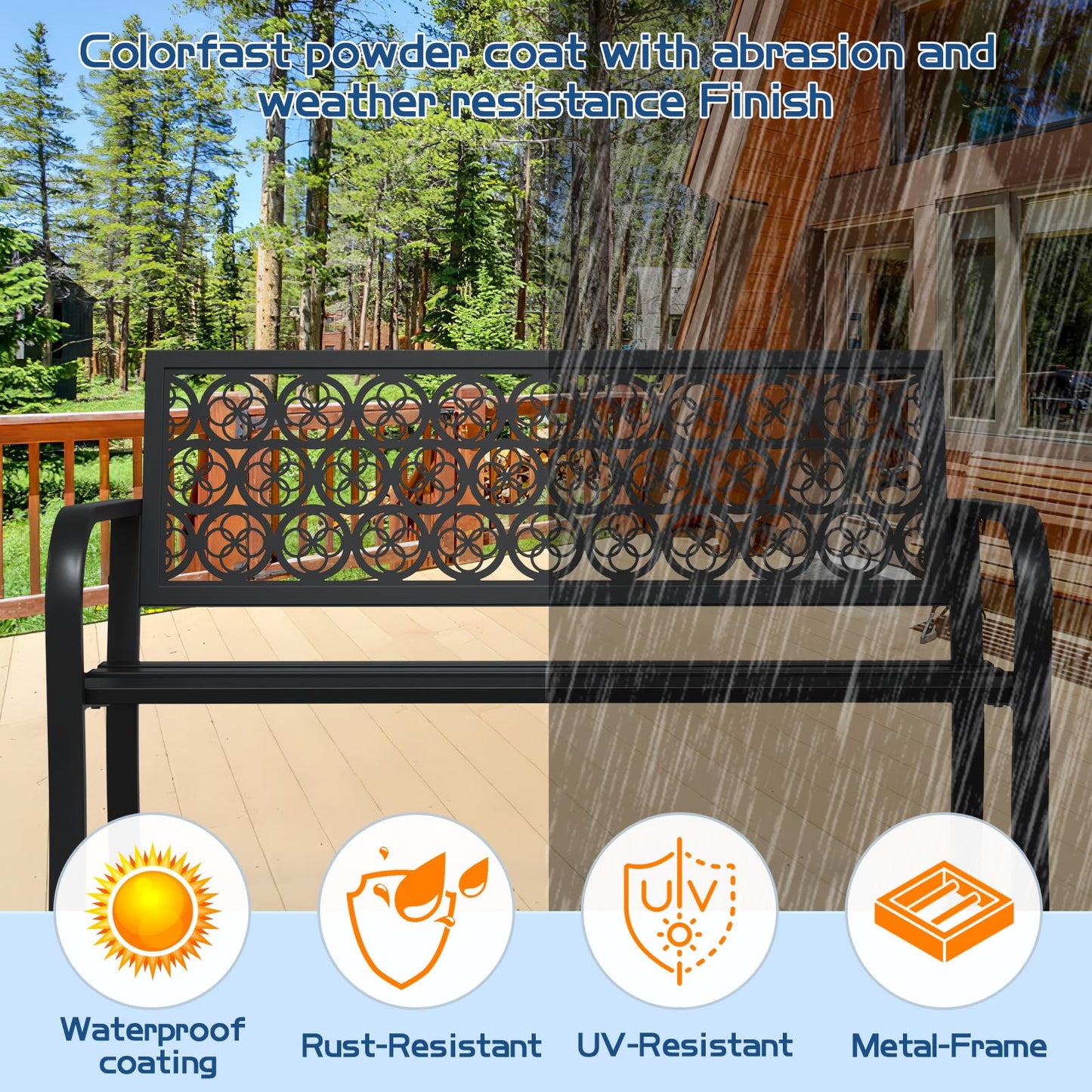Maemttes 50" Outdoor Bench, Metal Weatherproof Garden Bench Cast Iron Heavy-Duty Patio Bench with Decorative Backrest for Proch Park 880lb Capacity