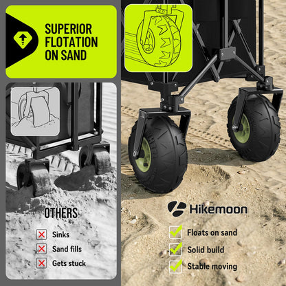 Hikemoon 400L Collapsible Beach Wagon with 10" Big Balloon Wheels for Sand, 54" Long Extra Large Wagons Carts Foldable, All Terrain Tires & 560LBS Heavy Duty, Utility Folding Cart for Outdoors, Black