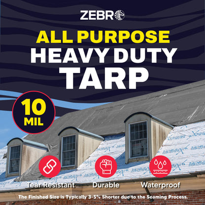 20' x 40' Silver/Black Heavy Duty Tarp with Grommets Reinforced - 10 Mil Thick - Double Sided Plastic Waterproof Tarps - Large Tarpaulin Cover for Outdoor Camping Tent Tarp RV Roof Rain - Zebro