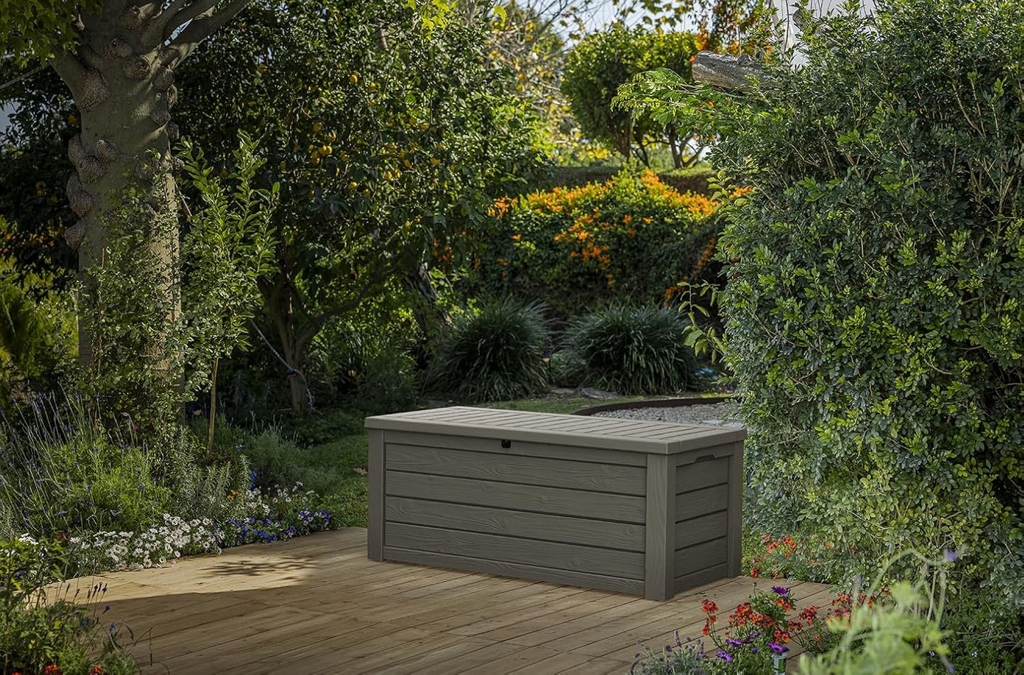 Keter Westwood 150 Gallon Resin Outdoor Storage Box - Ideal for Patio Furniture & Garden Tools | Taupe