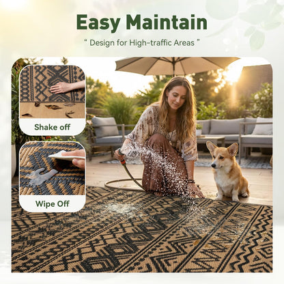 MontVoo Outdoor Rug Carpet Waterproof 9x12 Outdoor Patio Rug Mat Reverisble Plastic Straw Outdoor Rug for RV Camping Picnic Beach Balcony Boho Black Brown Large