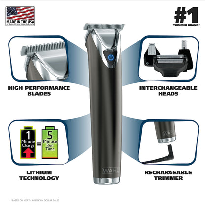 Wahl Stainless Steel Lithium Ion 2.0+ Slate Beard Trimmer for Men - Electric Shaver, Nose Ear Trimmer, Rechargeable All in One Men's Grooming Kit - Model 9864